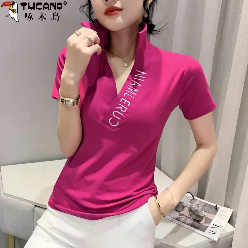 啄木鸟时尚POLO衫短袖女2024新款欧货V领T恤女夏修身polo衫女士