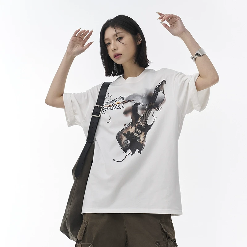 万有引力博物馆 吉他印花短袖T恤女夏季2025年新款宽松中性风上衣