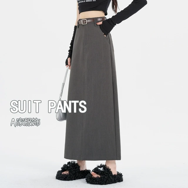 灰色半身裙女夏季薄2025新款高腰显瘦直筒a字长裙气质开叉西装裙