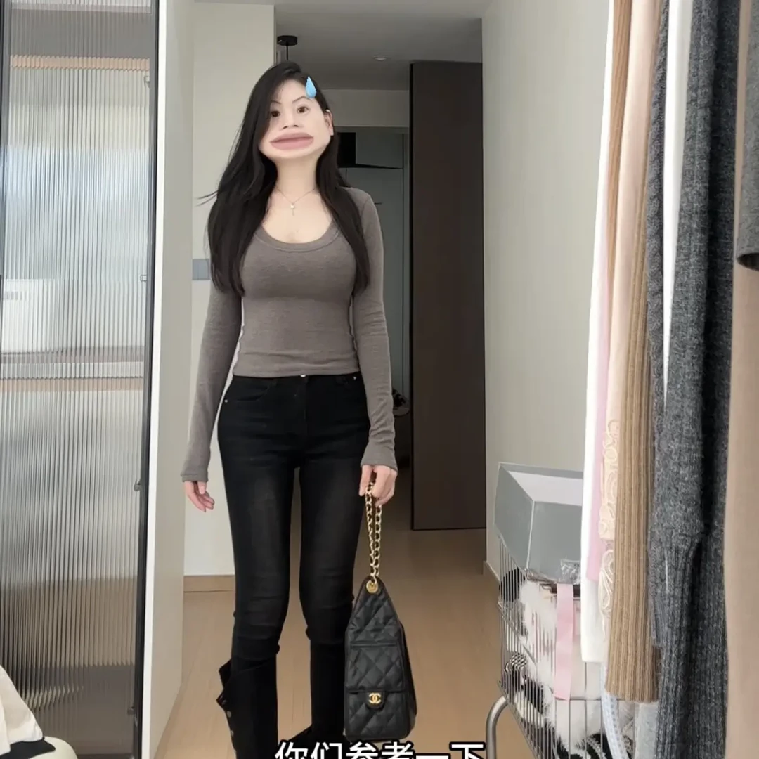 秋冬U领磨毛长袖T恤纯欲辣妹修身显瘦内搭打底衫女