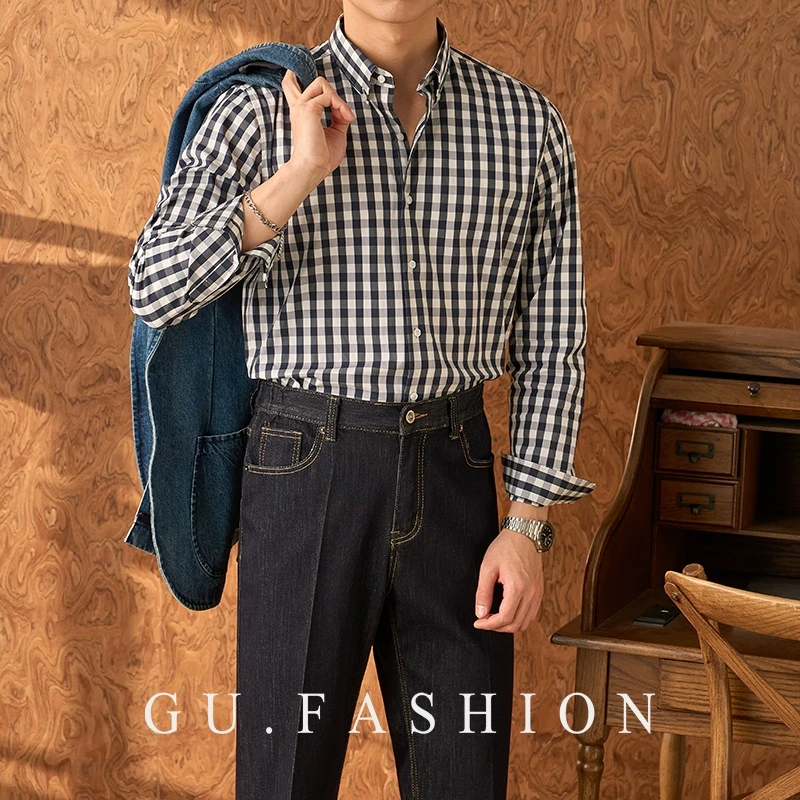 GU FASHION纯棉英伦帅气百搭格纹衬衫男青年商务休闲修身免烫衬衣