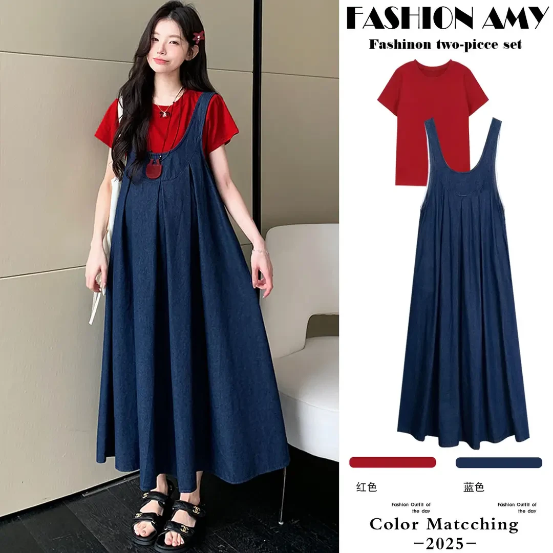 孕妇装夏装新款时尚韩版休闲短袖T恤上衣显瘦牛仔背心连衣裙套装1