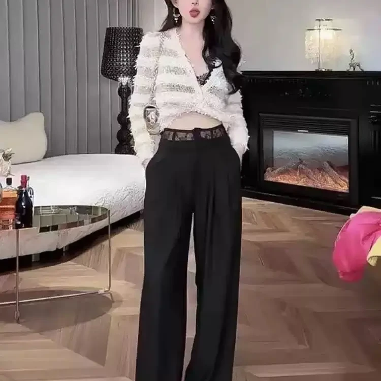高腰垂感蕾丝拼接西装裤时尚百搭微喇阔腿裤
