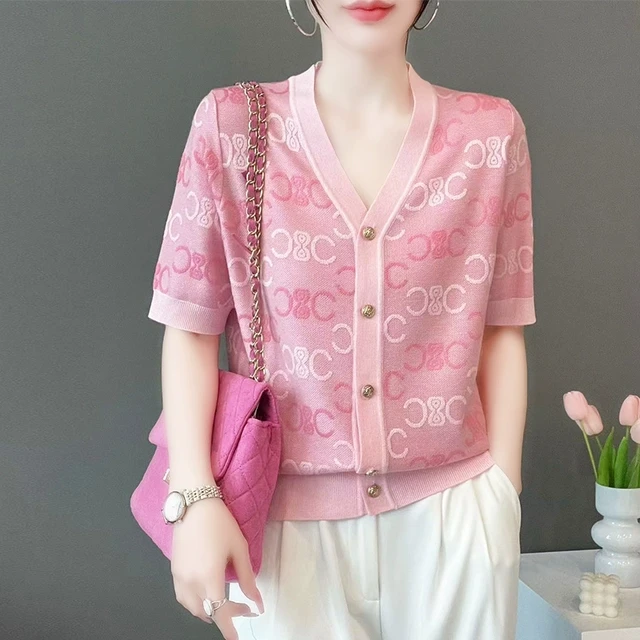 2025夏季新款V领粉色字母提花漂亮别致短袖针织开衫外套上衣女