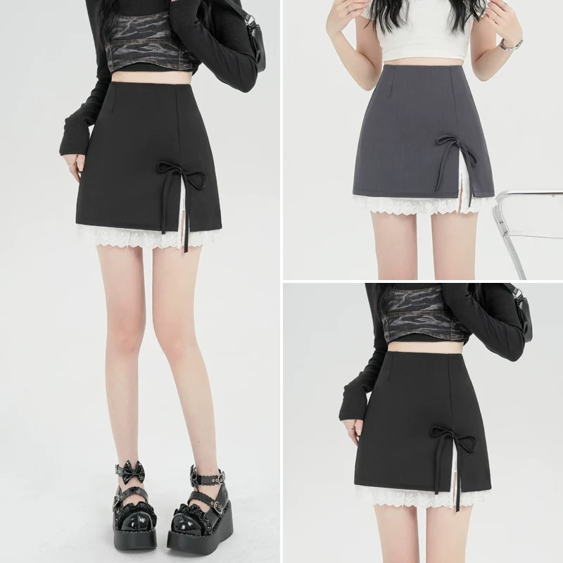 西装开叉蕾丝拼接半身裙女春夏2025新款高腰小个子防走光A字短裙