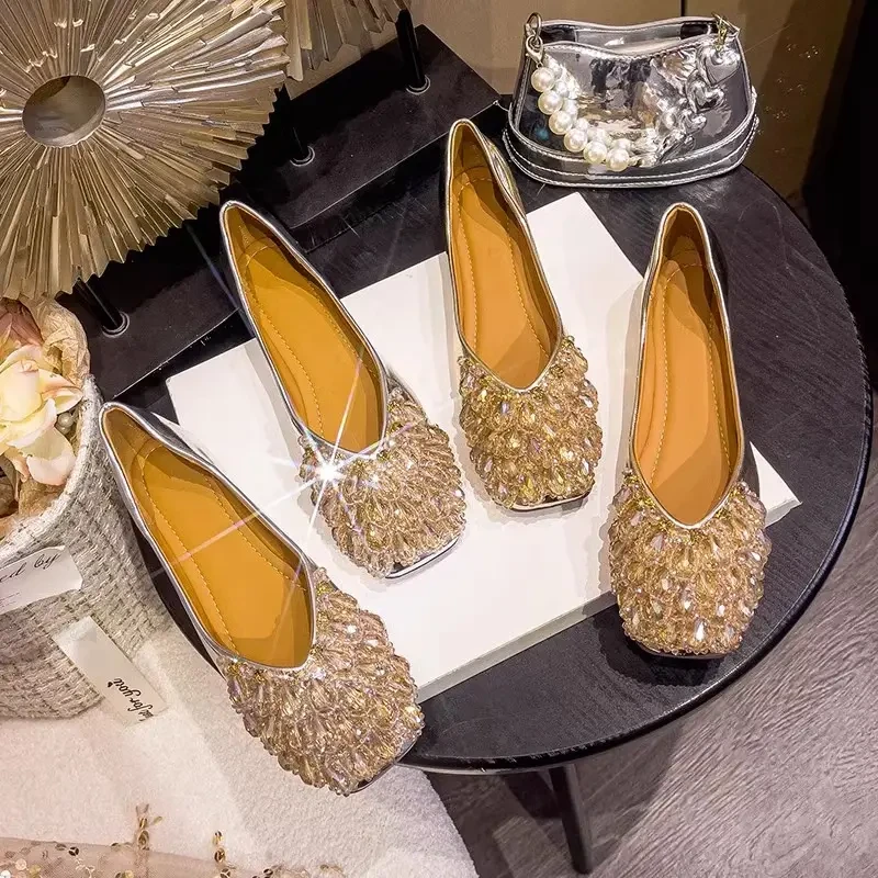 方头平底鞋女2025新款春夏季法式水晶满钻仙女瓢鞋软底浅口单鞋女