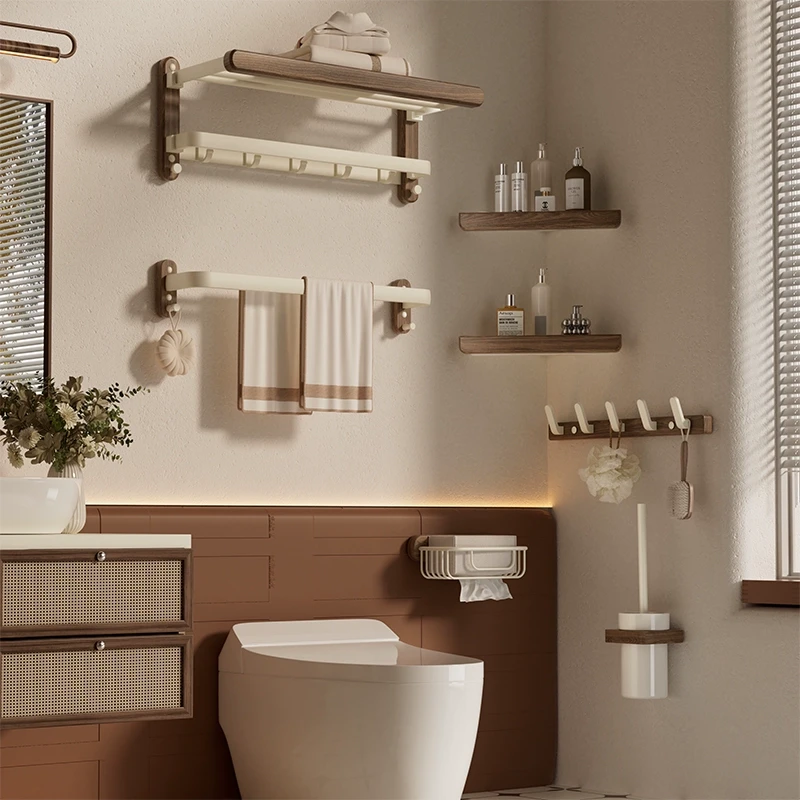 胡桃木毛巾架美拉德风高端卫生间浴巾置物架洗手间浴室厕所免打孔