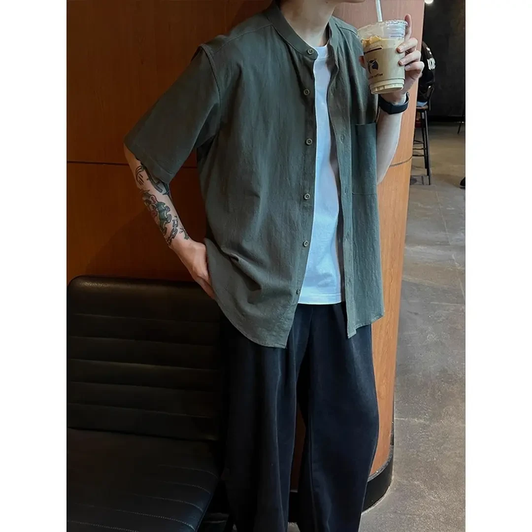 竹节棉亚麻亨利领短袖衬衫男款夏季薄款痞帅高级感新中式立领衬衣