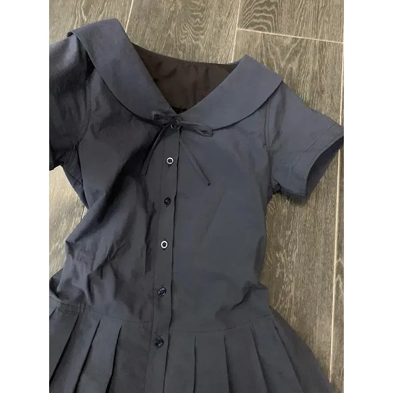 连衣裙女2025夏季减龄娃娃领开衫衬衫裙后背绑带小众百褶裙蛋糕裙