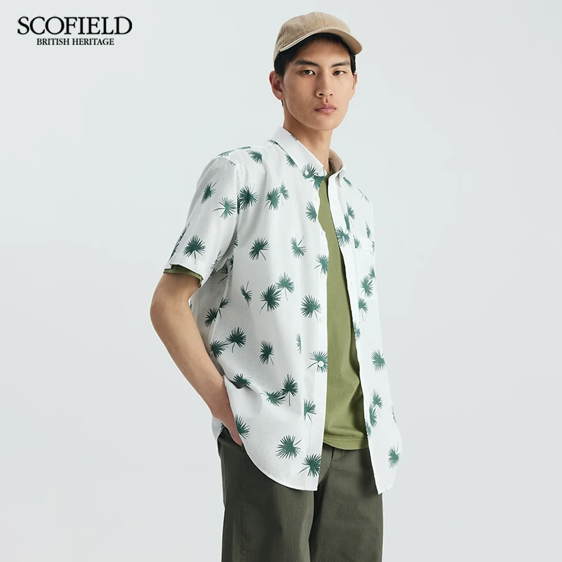 SCOFIELD男士衬衣夏季舒爽透气随性印花棉麻度假风短袖衬衫