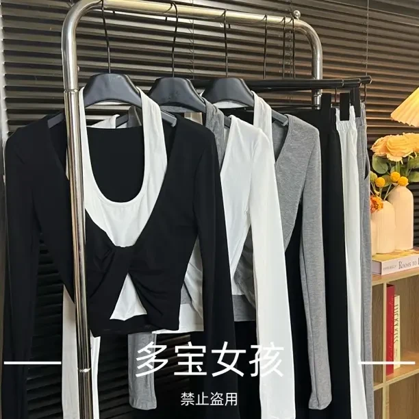 【多宝】新款辣妹风长袖极简风T恤打底时尚套装气质休闲拼接5328