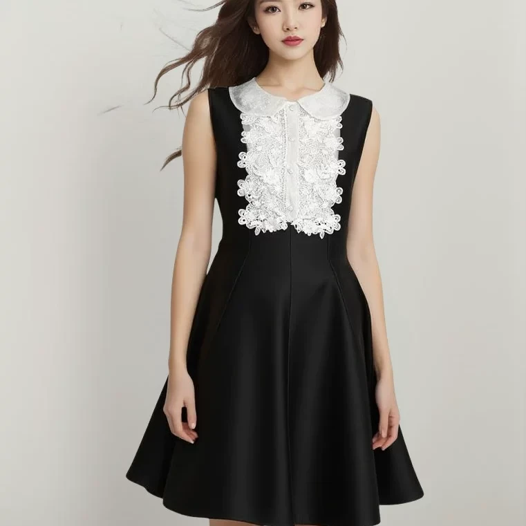 2025夏季新款赵露思同款黑裙气质小众蕾丝娃娃领连衣裙法式生日裙
