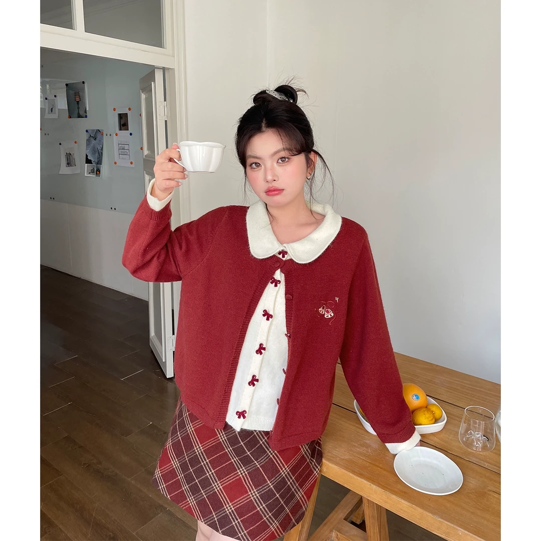 BUMENYLEE大码减龄娃娃领假两件红色针织衫女秋冬季胖mm显瘦长袖