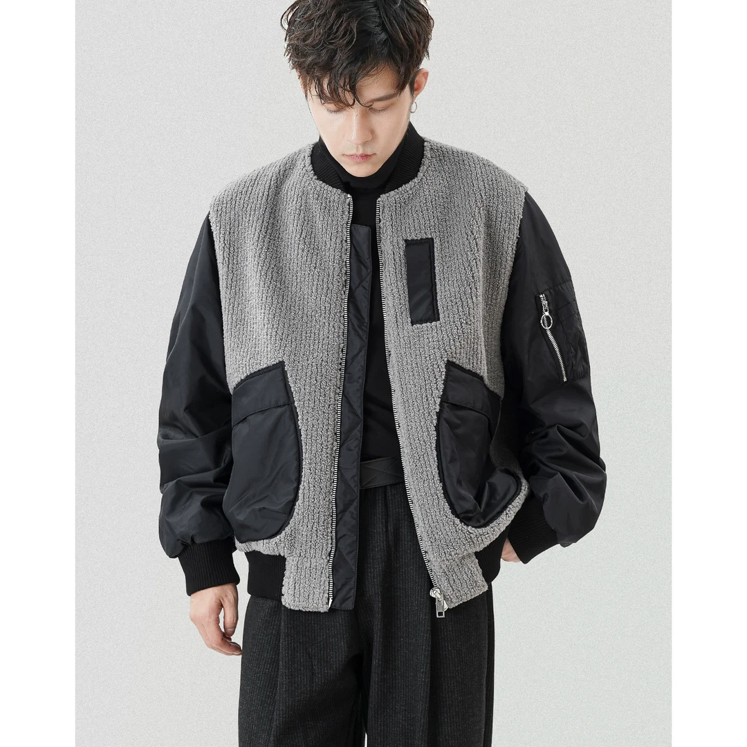 加厚拼接棒球服夹克男士高级感秋冬季立领飞行员毛呢短外套