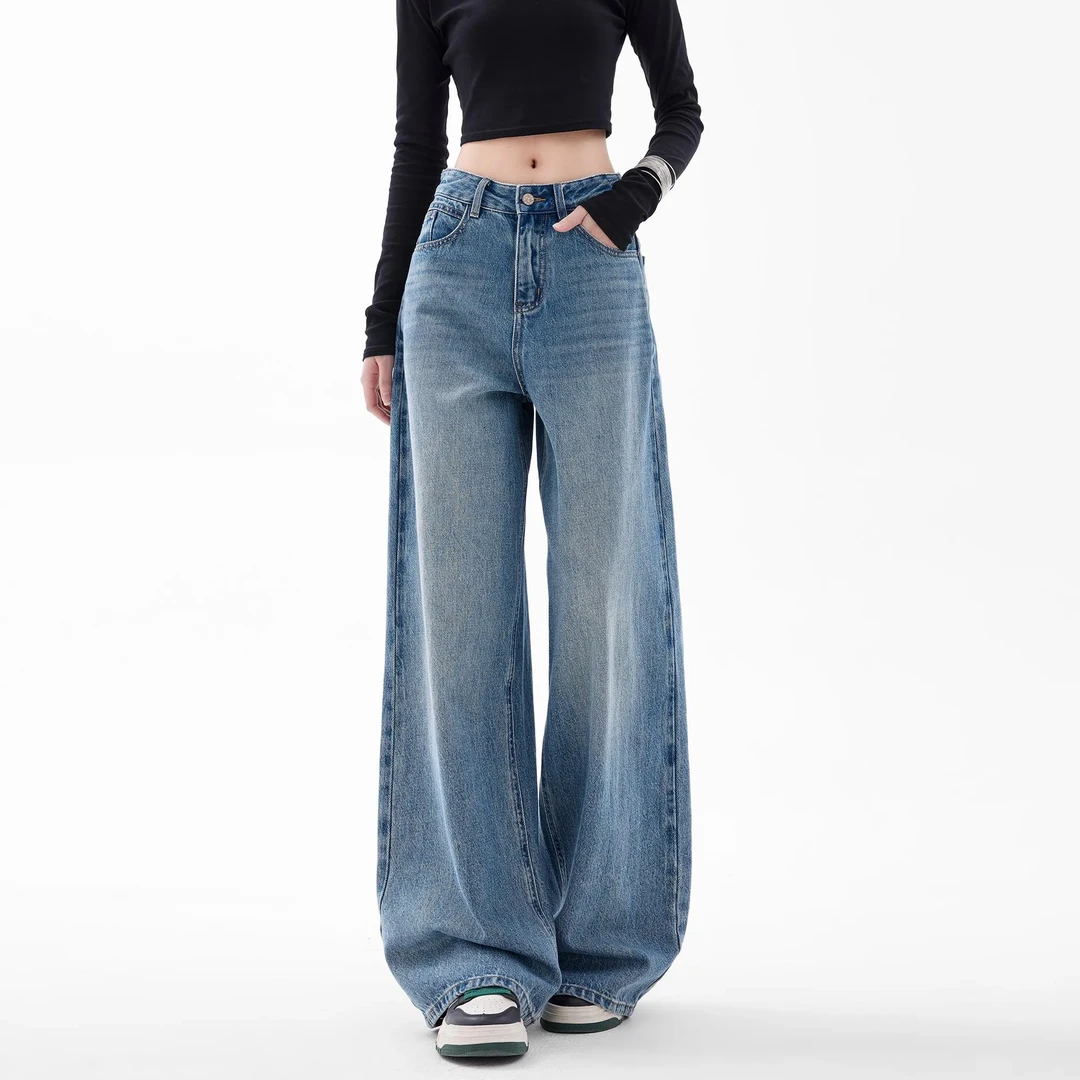 EDX美式复古阔腿牛仔裤女秋冬季2024新款直筒长裤拖地裤宽松裤子