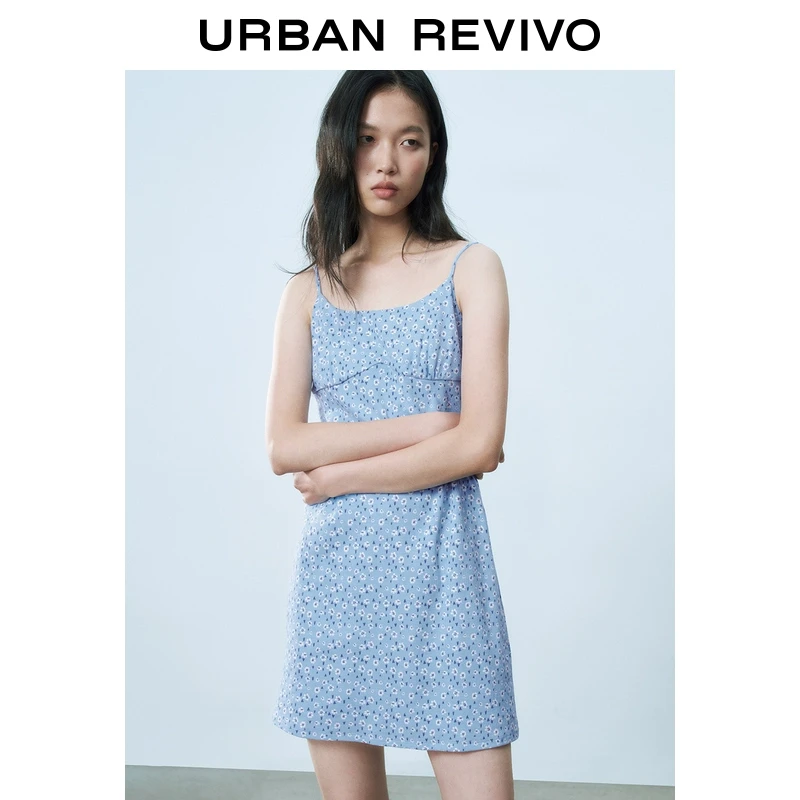 UR2025春季新款女度假法式碎花U领修身吊带连衣裙UYY750013