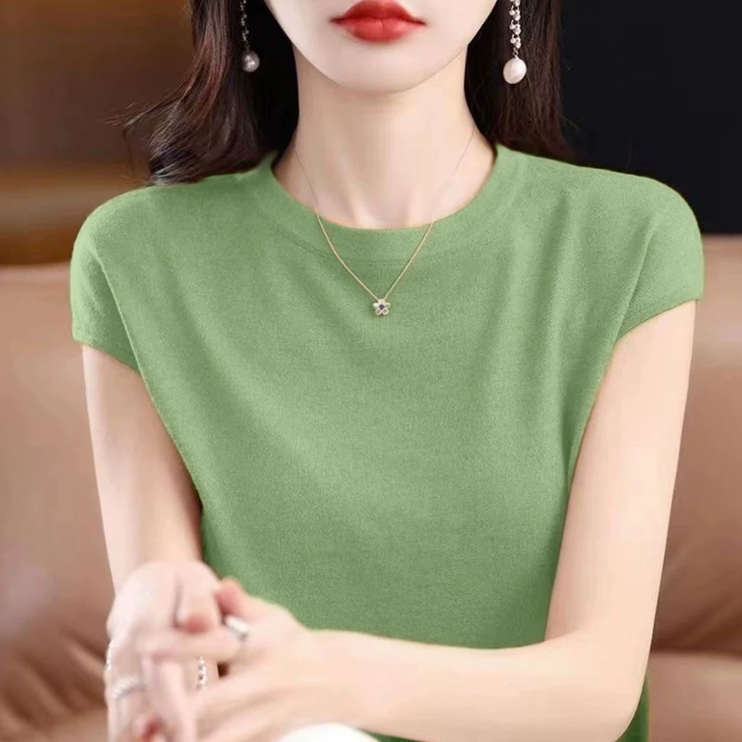 2025年夏季新款女装绿色简约气质百搭T恤圆领宽松显瘦短袖针织衫
