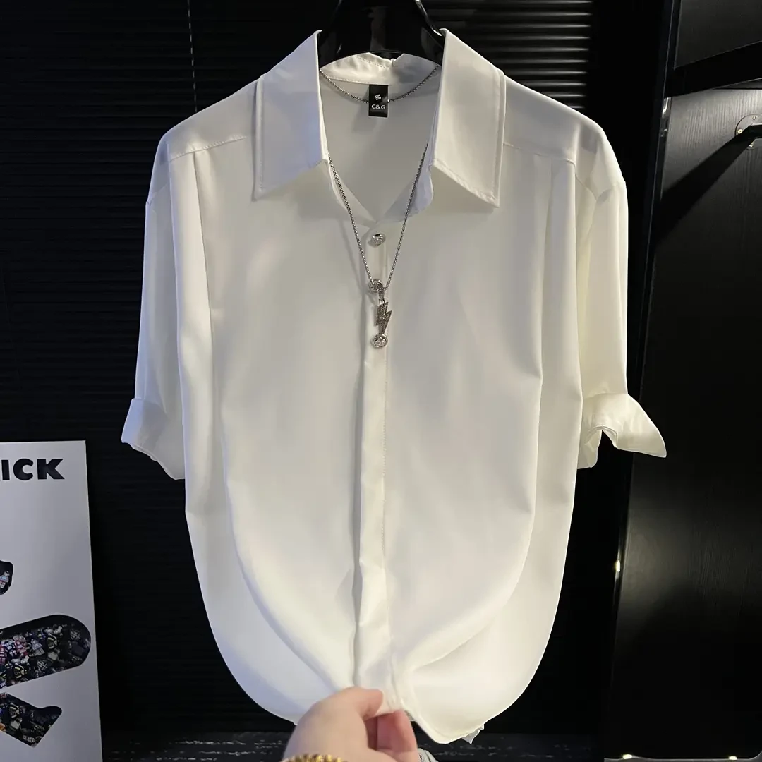 夏季新款爆款短袖男衬衫高端痞帅百搭上衣潮牌衬衣薄款纯色白衬衫