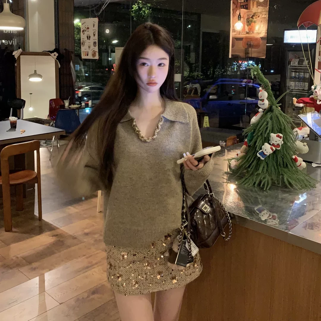 kumikumi千金风套装女重工编织翻领毛衣冬季亮片包臀半身裙两件套