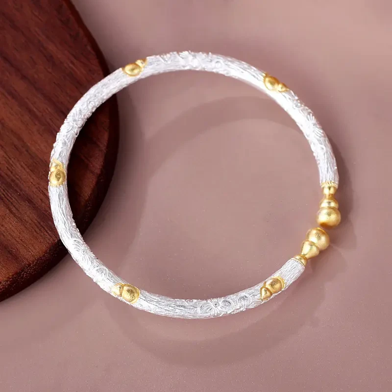 足银手镯 足银999.9描金招财葫芦纯银手镯女樱花银镯子送女友闺蜜