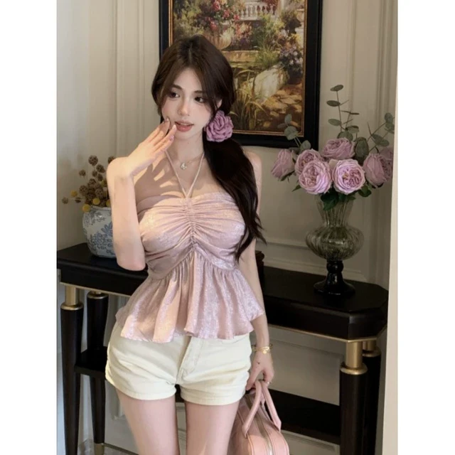 一字肩挂脖小吊带背心女外穿夏季纯欲甜辣妹性感抹胸上衣泰式绝美