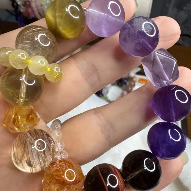 大颗粒天然紫水晶黑金超七红胶花发晶手串