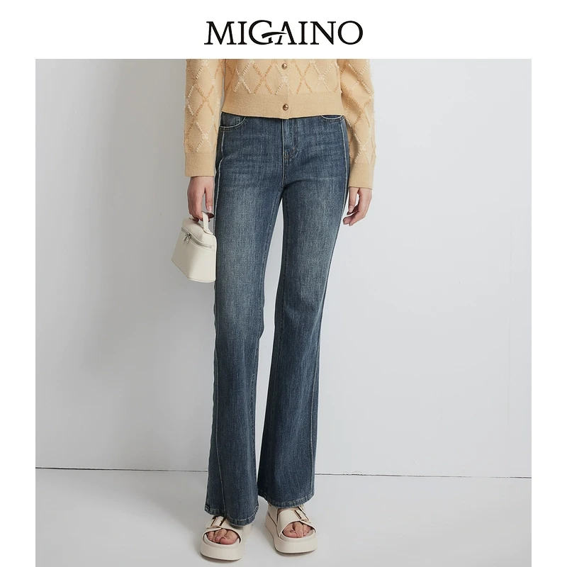 Migaino曼娅奴女装2025春季新款复古高腰显瘦经典水洗微喇牛仔裤