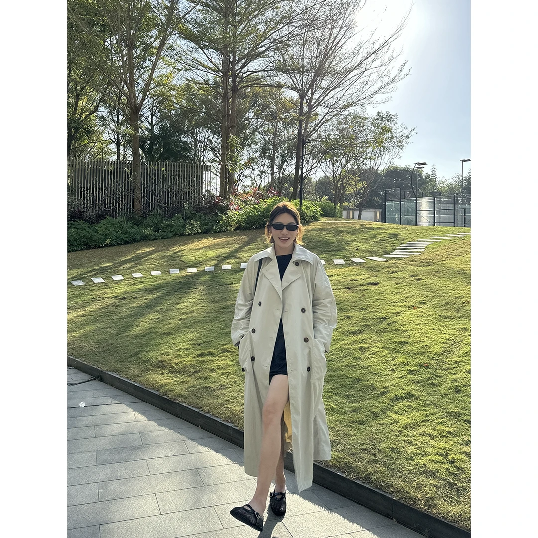 YANGLE_2025春季新款风衣外套女长款纸皱感廓形韩版高个子上衣