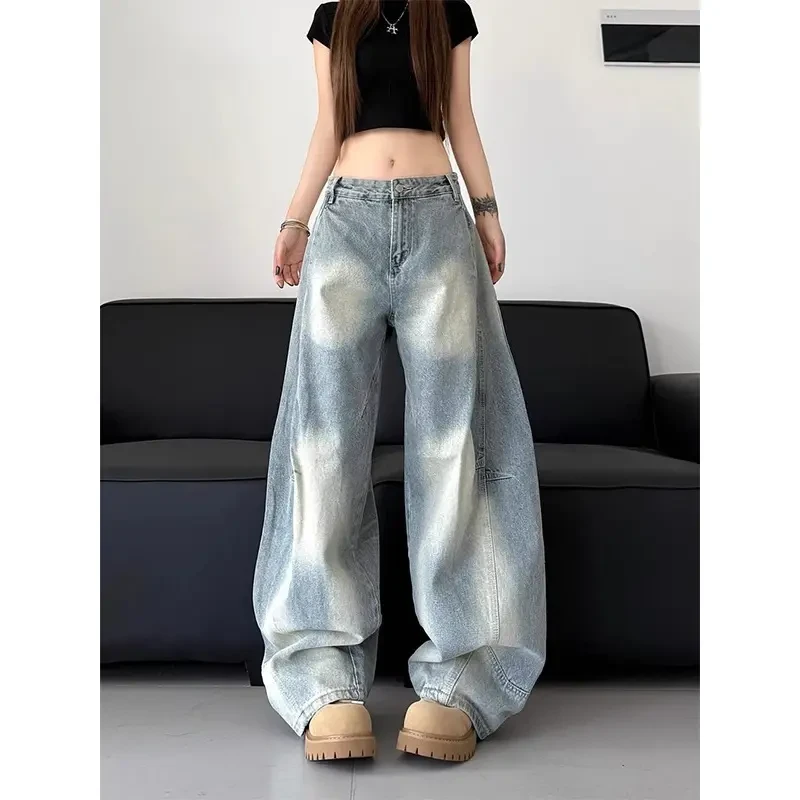 浅蓝色打褶弯刀牛仔裤男女夏季cleanfit美式复古宽松慵懒风阔腿裤