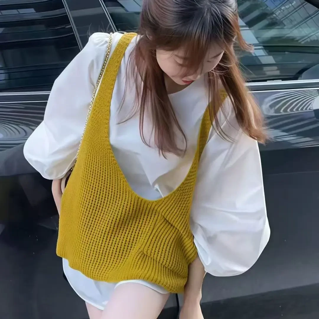 55109韩系V领针织马甲女款秋季宽松叠穿衬衫两件套上衣
