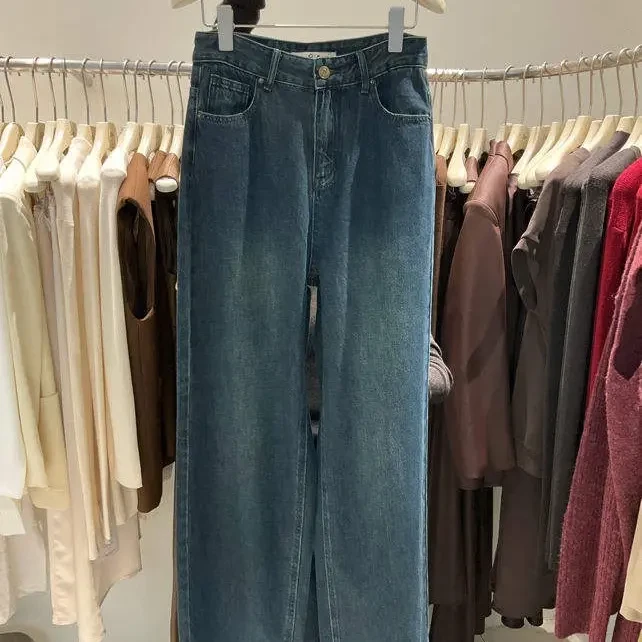 水泥灰高腰直筒阔腿牛仔裤女秋冬显瘦简约设计感长裤