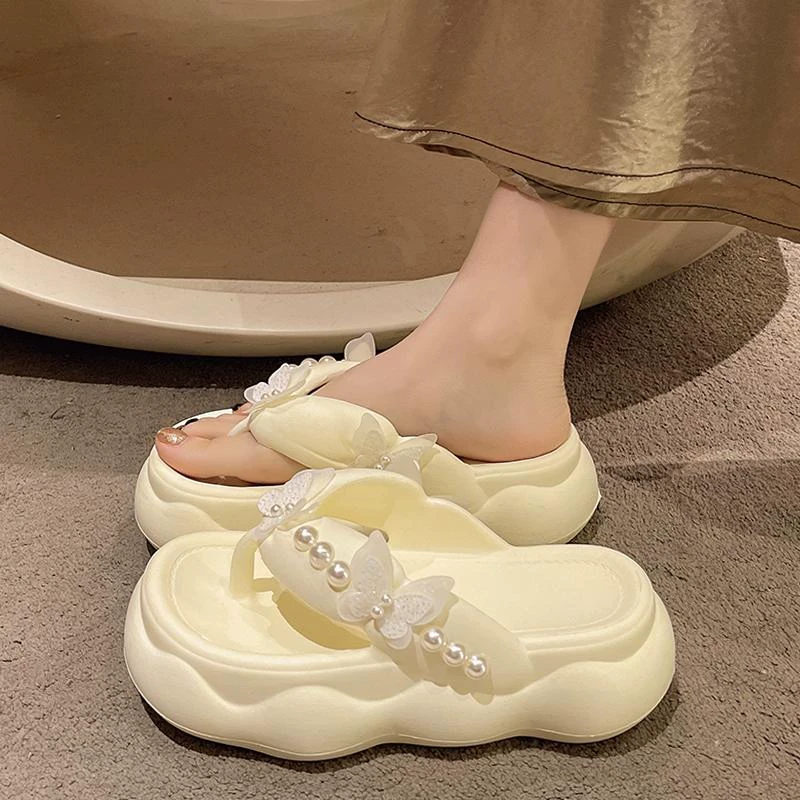 高跟人字拖女夏季外穿可爱蝴蝶结松糕厚底夹脚海边沙滩防滑凉拖鞋