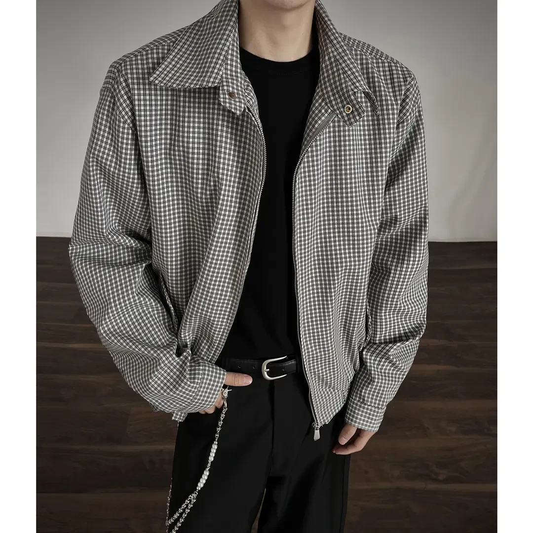 千鸟格哈灵顿短款夹克男款春秋cleanfit美式复古休闲格子翻领外套