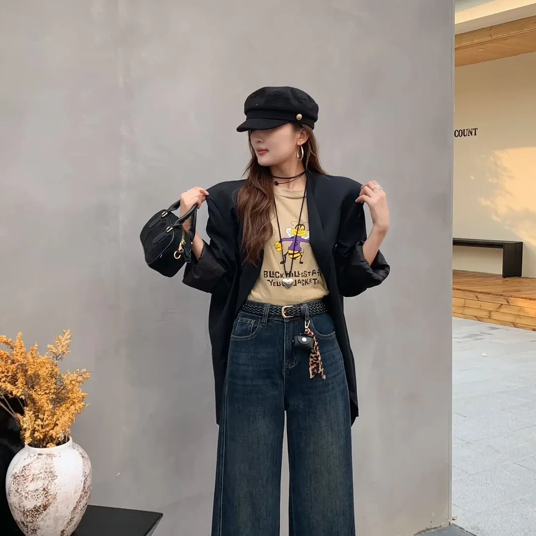 2015 年秋季新品，高腰宽松拖地裤牛仔裤女秋季新款百搭显瘦长裤