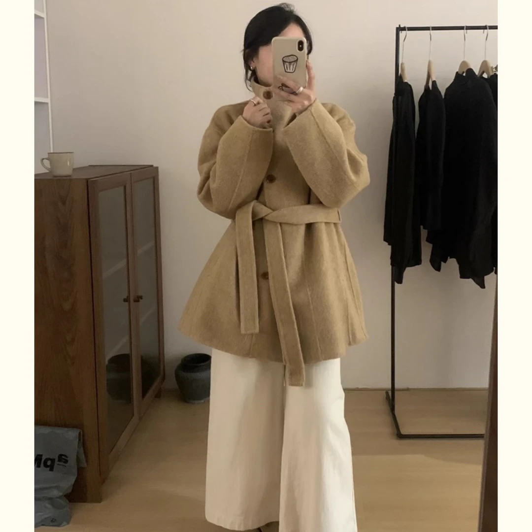 秋冬立领双面绵羊毛女中长款系带小个子温柔气质毛呢外套女-2