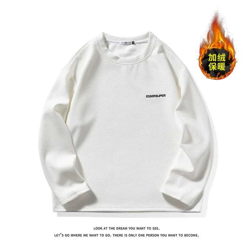 华夫格刺绣长袖T恤加绒加厚圆领宽松休闲百搭TJ2001