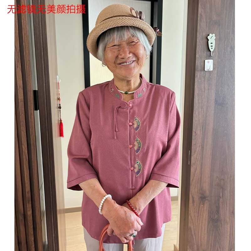 良三奶奶夏装国风衬衫中老年妈妈夏季洋气绣花老太太新中式衬衣服