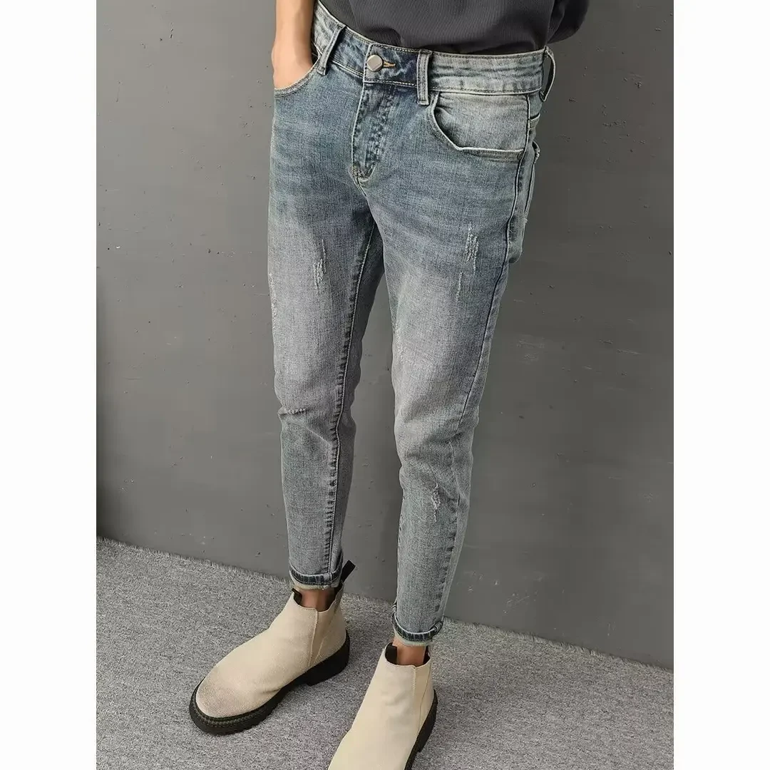 欧美简约夏季男士薄款弹力牛仔裤小脚裤百搭修身复古高质量九分裤