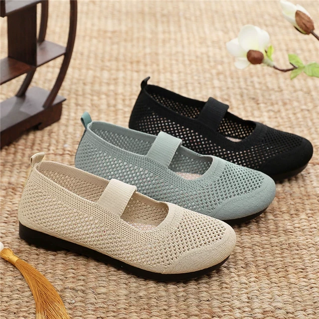 老北京布鞋夏季新款软底一脚蹬豆豆鞋浅口飞织妈妈鞋透气女单鞋