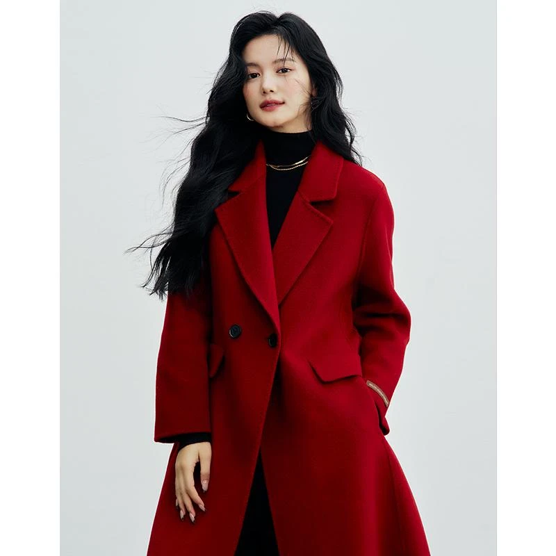 2024年冬季新款韩版红色羊绒羊毛双面大衣女过膝长款加厚毛呢外套