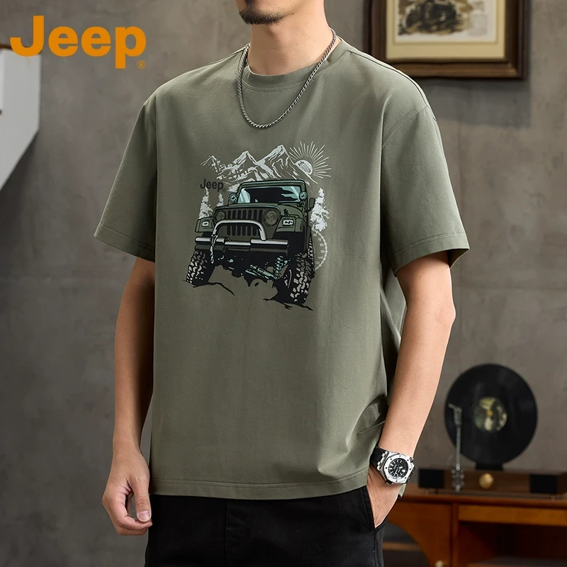 JEEP吉普美式潮牌短袖t恤男夏季宽松圆领上衣潮流印花半袖体恤男