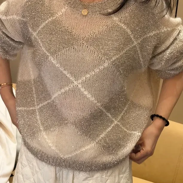 冬季宽松圆领厚款格子羊绒衫女针织慵懒风