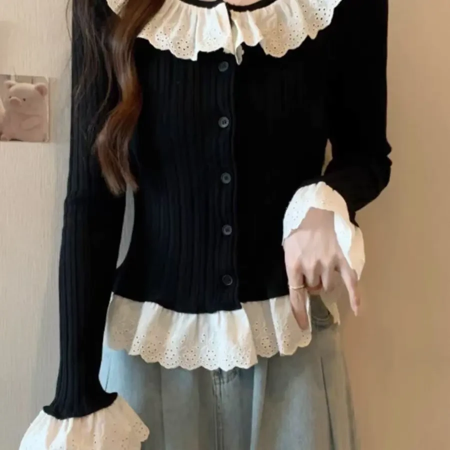 大码蕾丝花边针织衫长袖修身显瘦百搭开衫女装