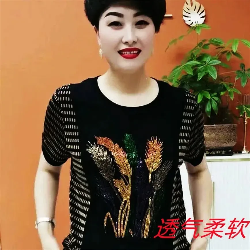 短袖t恤女烫钻夏季新款遮肚子宽松大码时尚百搭中老年妈妈装上衣