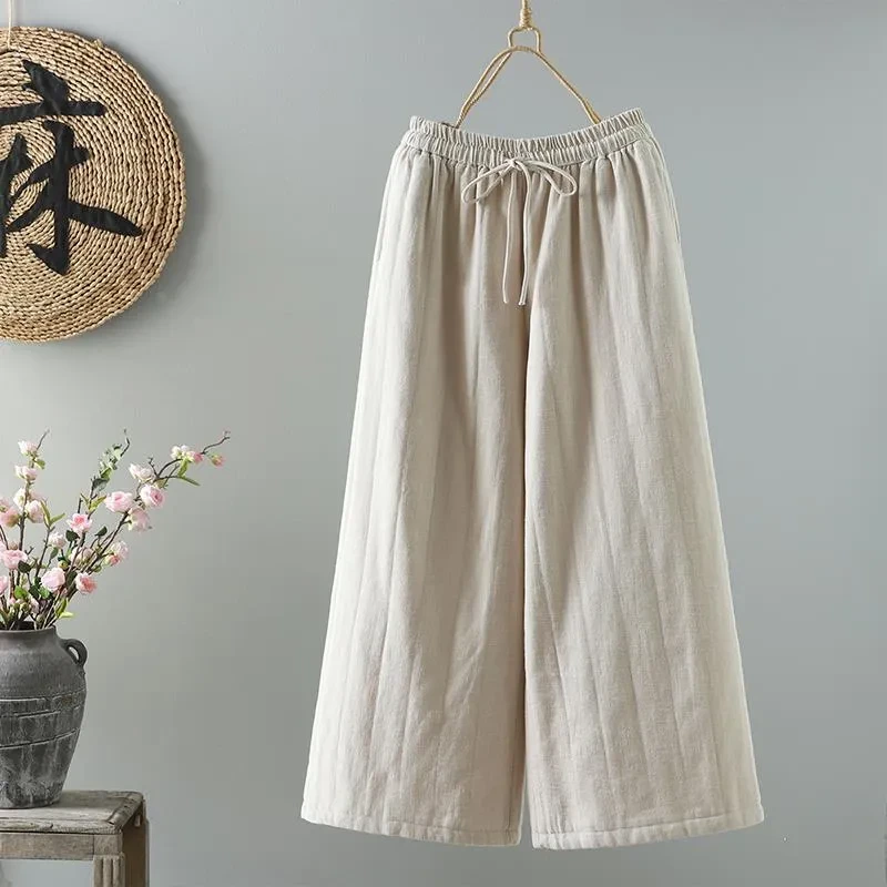 国际大牌剪标加厚保暖亚麻夹棉阔腿裤女冬季外穿防风休闲直筒棉裤