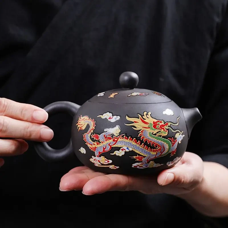 原矿紫砂壶浮雕祥龙凤鸣壶单人功夫茶具家用泡茶壶单壶大号泡茶器