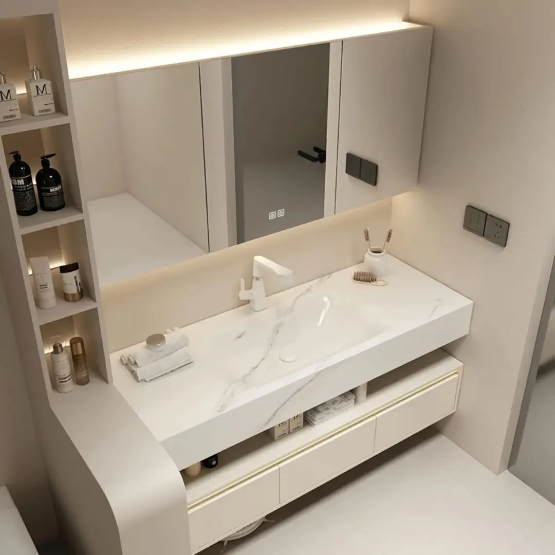 【岩板热弯一体盆】奶油风轻奢实木酒店浴室柜组合洗漱洗手松弛感柜