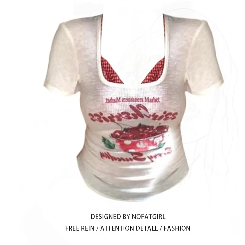 93棉大码胖MM美式辣妹方领短袖T恤女夏季格纹吊带叠穿两件套