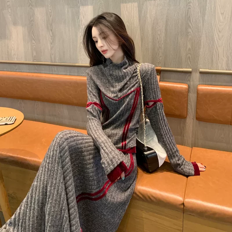 灰色小香风套装女春秋冬显瘦减龄气质韩系高级感针织半身裙两件套