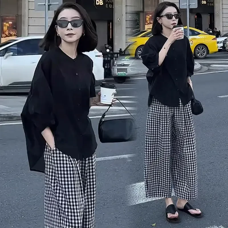 时尚套装女2025春夏新款宽松百搭潮流衬衫上衣搭配格子裤两件套潮